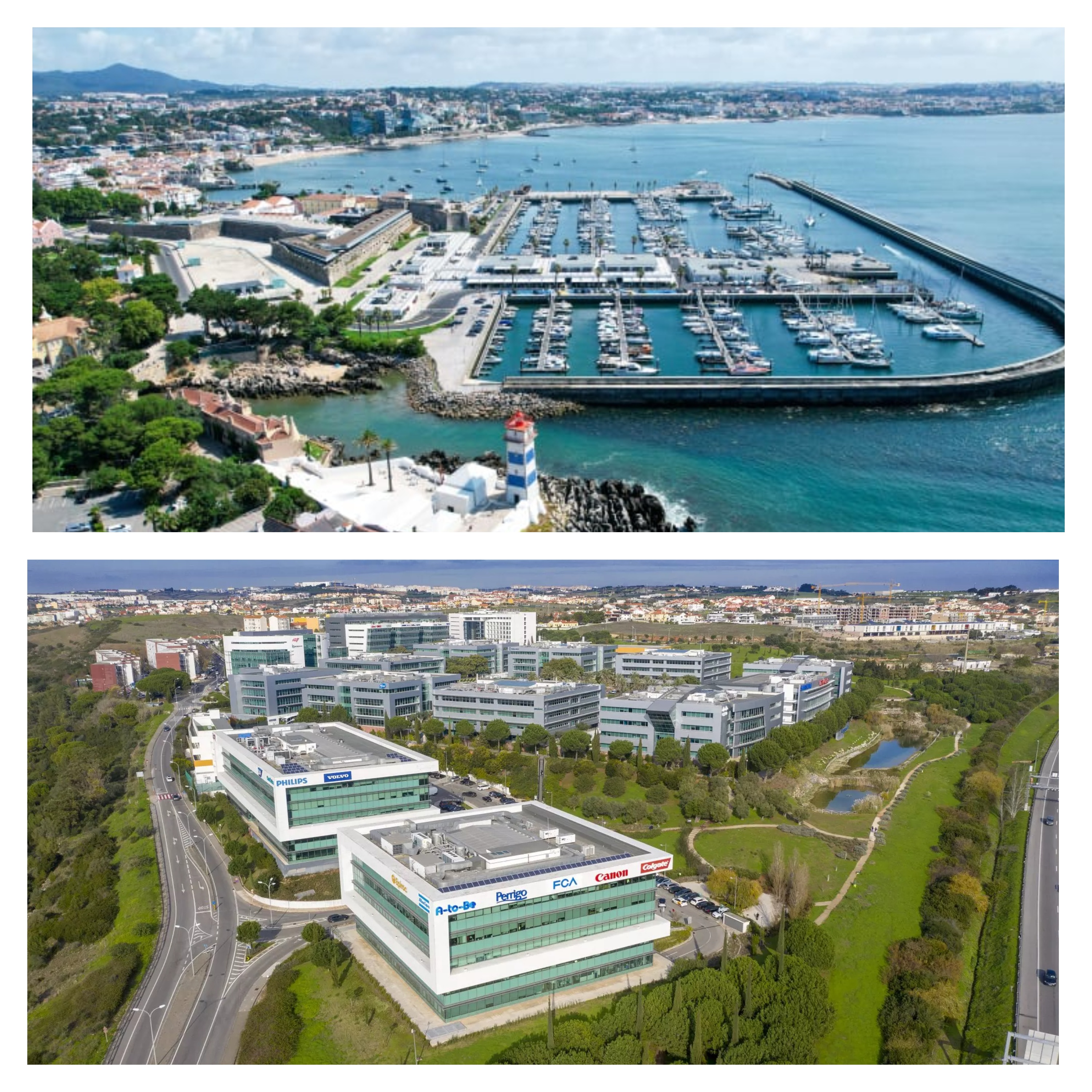 A split image showing the glamorous Cascais marina on one side and a modern business park in Oeiras on the other.
