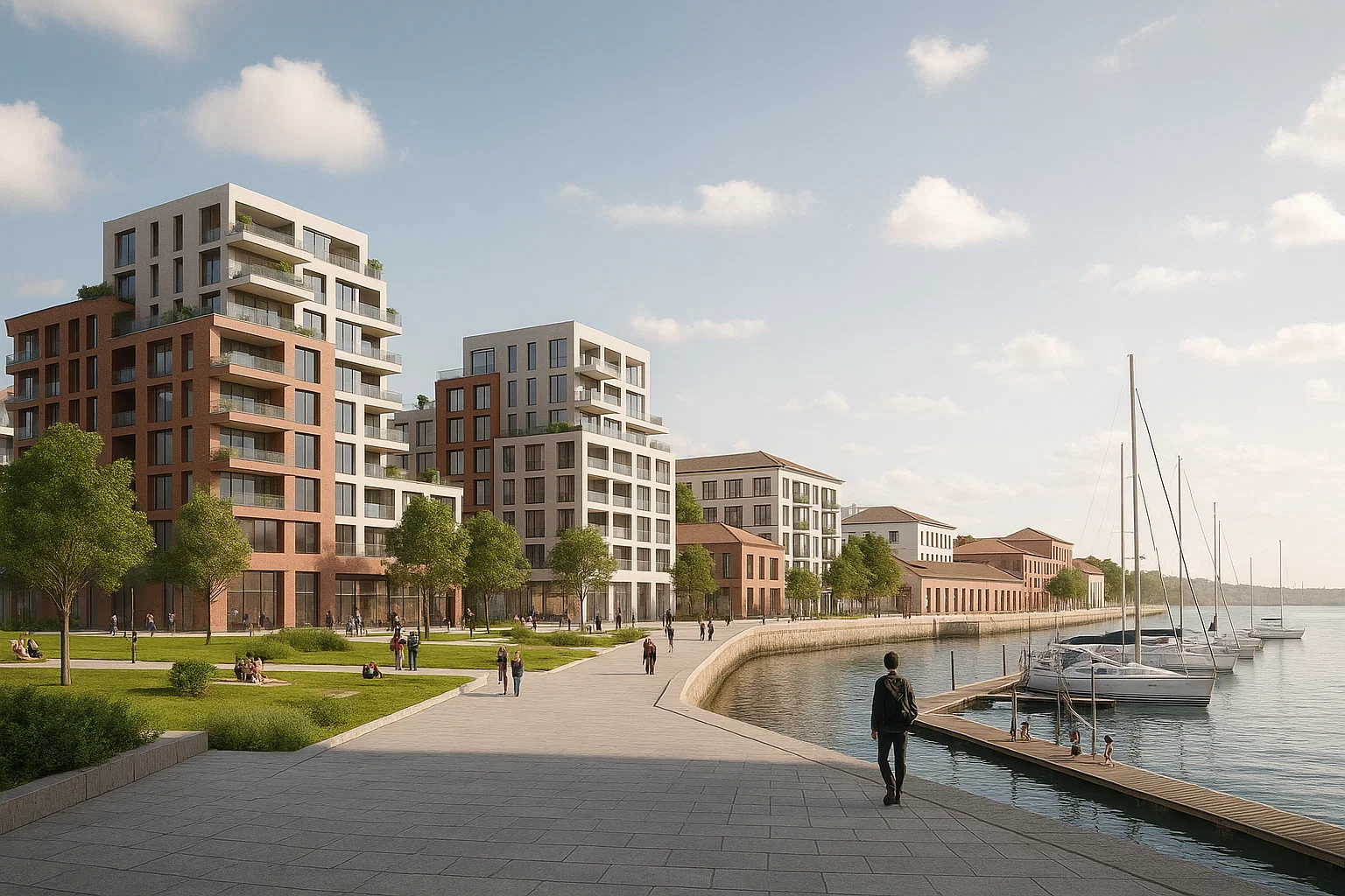 A modern architectural rendering of a revitalized Seixal waterfront, with mixed-use buildings, green spaces, and a marina.