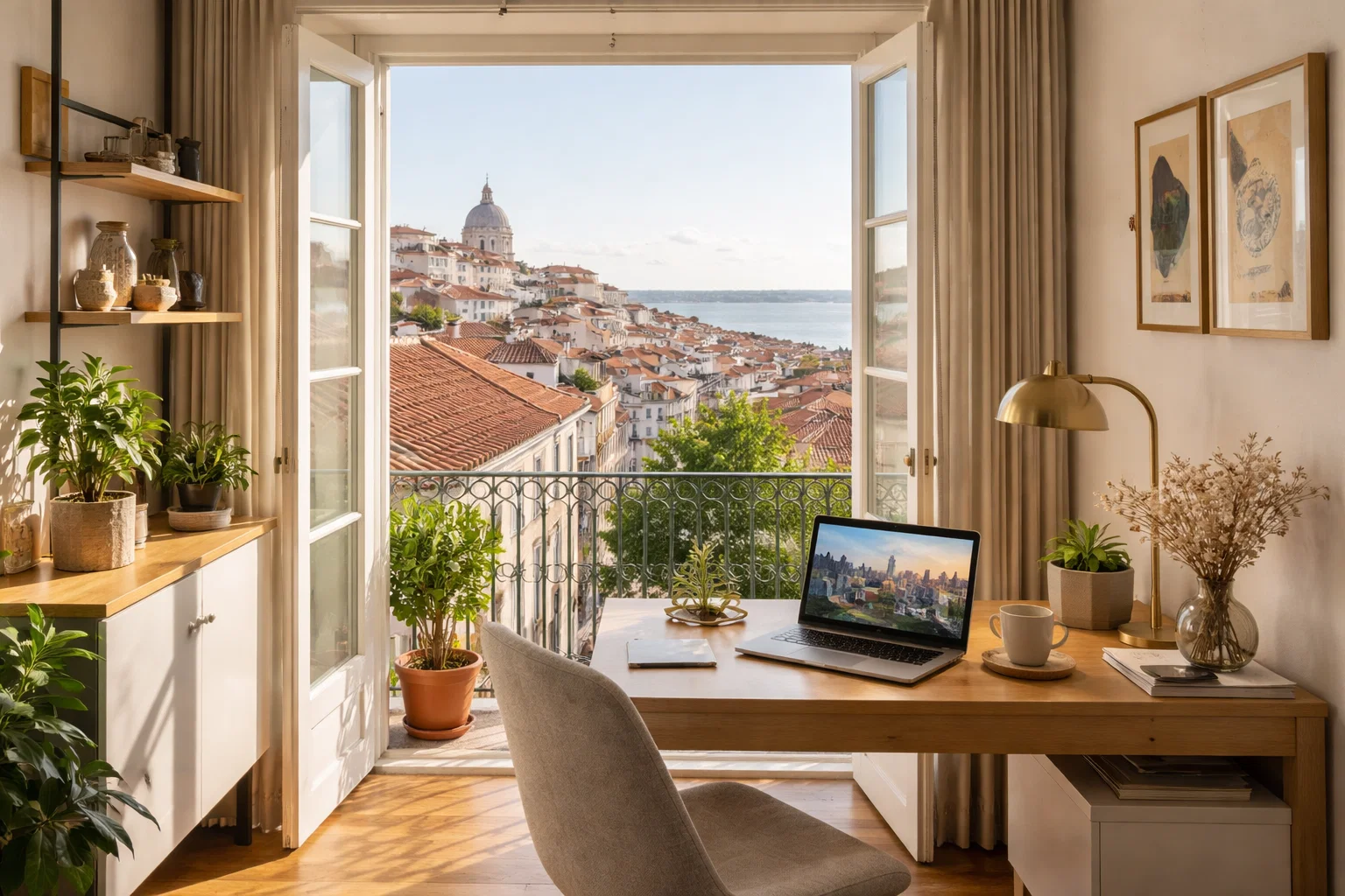 A modern home office in a stylish Lisbon apartment, with a laptop open and a view of the city, representing the digital nomad lifestyle.